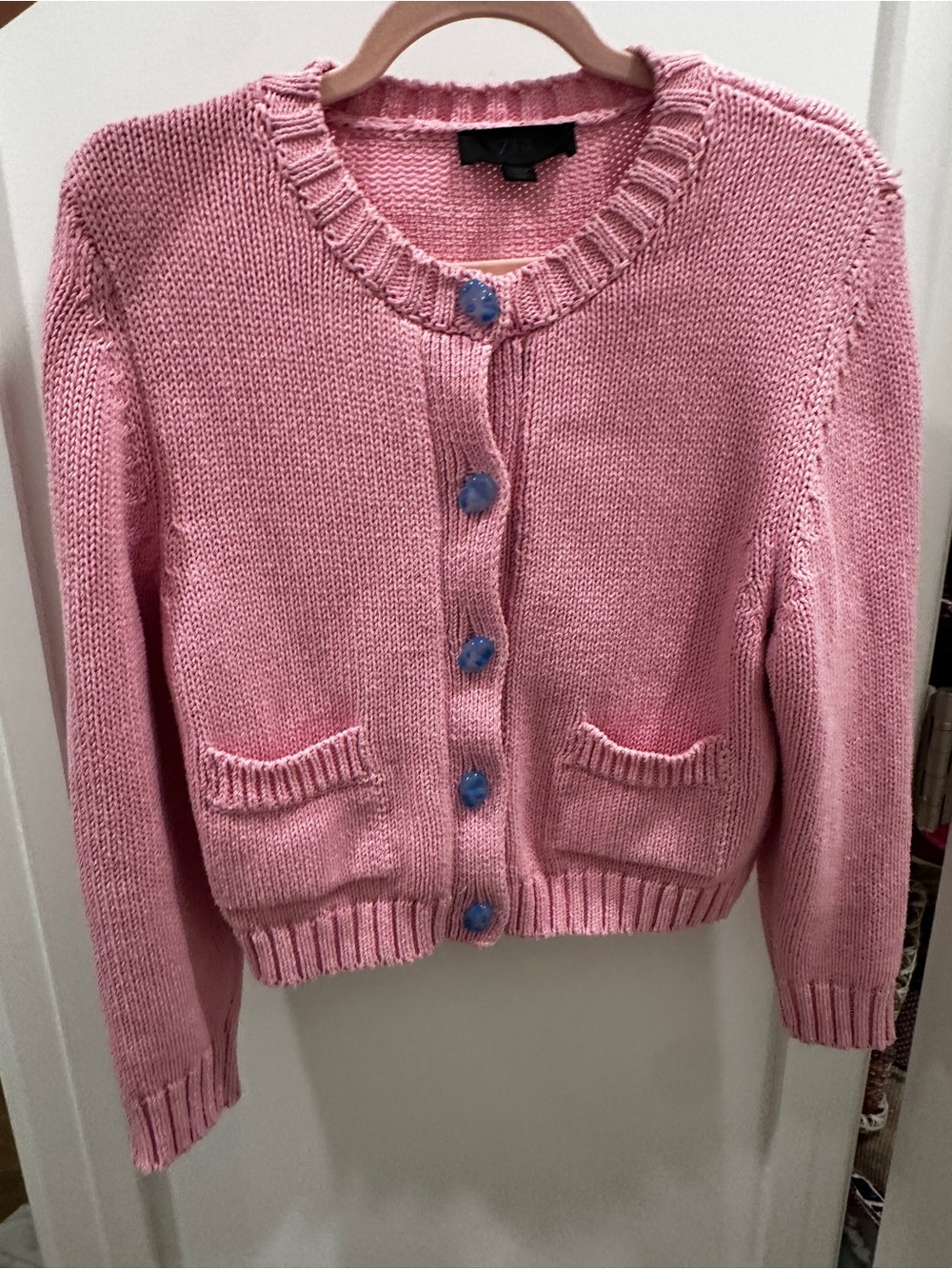 Zara Pink Button-Front Knit Cardigan with Blue Buttons